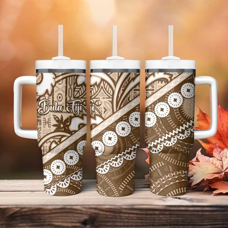 Beige Bula Fiji Fijian Language Week Tapa Cloth Pastel Custom Stanley Quencher 40oz Stainless Steel Tumbler With Handle - Threewoofs - Image 4