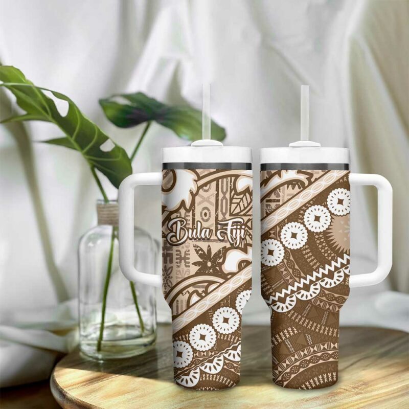 Beige Bula Fiji Fijian Language Week Tapa Cloth Pastel Custom Stanley Quencher 40oz Stainless Steel Tumbler With Handle - Threewoofs - Image 9