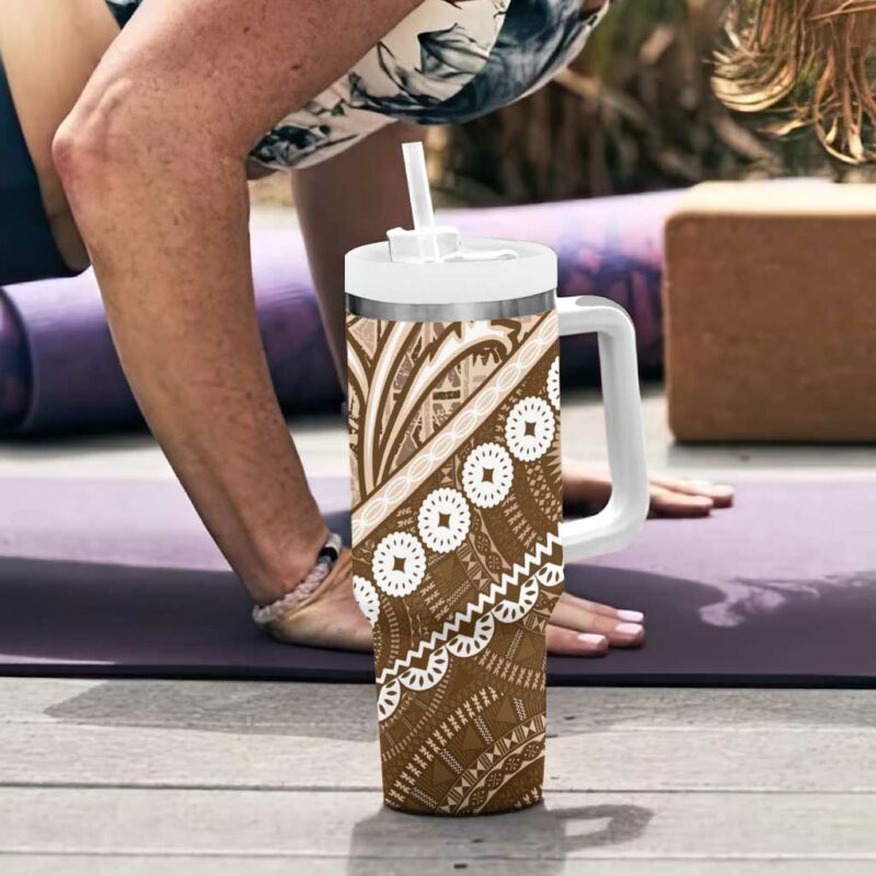 Beige Bula Fiji Fijian Language Week Tapa Cloth Pastel Custom Stanley Quencher 40oz Stainless Steel Tumbler With Handle - Threewoofs - Image 6