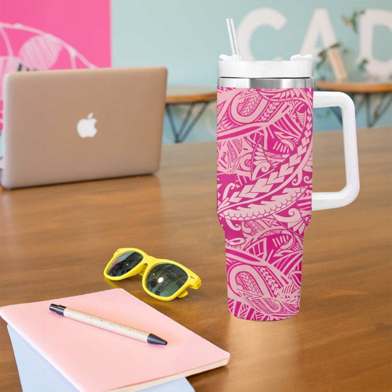 Beige Gradient Polynesia Hawaiian Tribal Hammerhead Shark Tattoo Custom Stanley Quencher 40oz Stainless Steel Tumbler With Handle - Threewoofs - Image 5