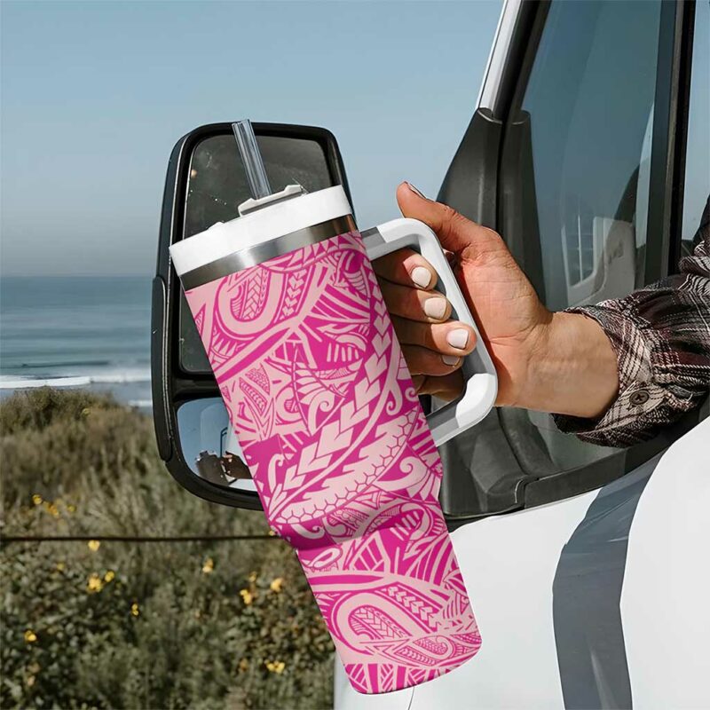 Beige Gradient Polynesia Hawaiian Tribal Hammerhead Shark Tattoo Custom Stanley Quencher 40oz Stainless Steel Tumbler With Handle - Threewoofs - Image 7