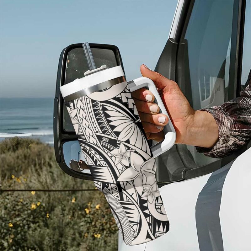 Beige Pacific Flowers Tribal Polynesian Custom Stanley Quencher 40oz Stainless Steel Tumbler With Handle - Threewoofs - Image 7