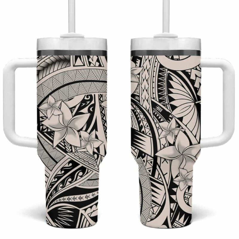 Beige Pacific Flowers Tribal Polynesian Custom Stanley Quencher 40oz Stainless Steel Tumbler With Handle - Threewoofs