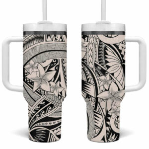 Beige Pacific Flowers Tribal Polynesian Custom Stanley Quencher 40oz Stainless Steel Tumbler With Handle - Threewoofs