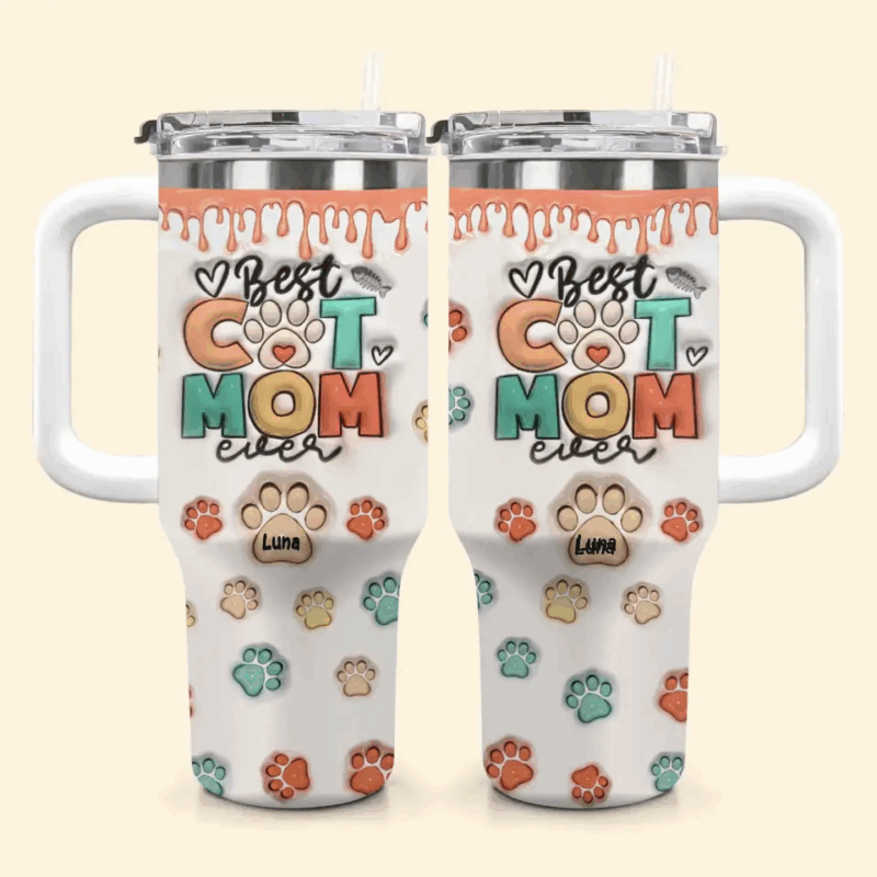 Best Cat Mom Ever Custom Stanley Quencher 40oz Stainless Steel Tumbler With Handle - Threewoofs - Image 2