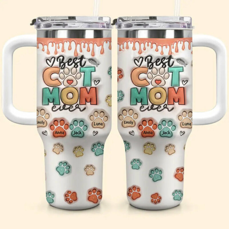 Best Cat Mom Ever Custom Stanley Quencher 40oz Stainless Steel Tumbler With Handle - Threewoofs