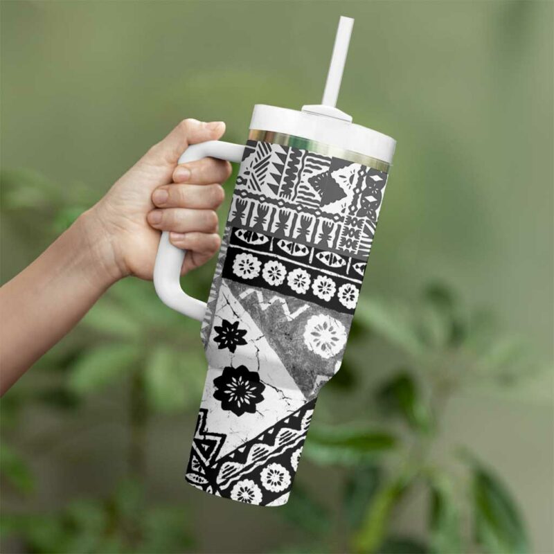 Black Bula Fiji Masi Tapa Custom Stanley Quencher 40oz Stainless Steel Tumbler With Handle - Threewoofs - Image 3