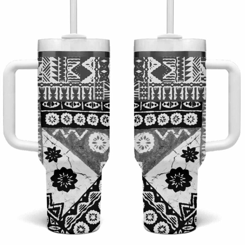 Black Bula Fiji Masi Tapa Custom Stanley Quencher 40oz Stainless Steel Tumbler With Handle - Threewoofs