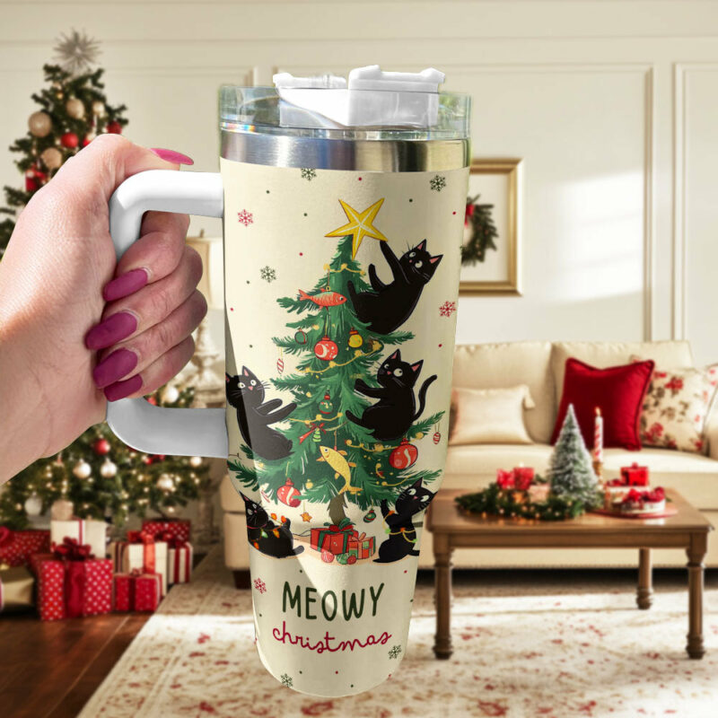 Black Cat Meowy Christmas Custom Stanley Quencher 40oz Stainless Steel Tumbler With Handle - Threewoofs - Image 2