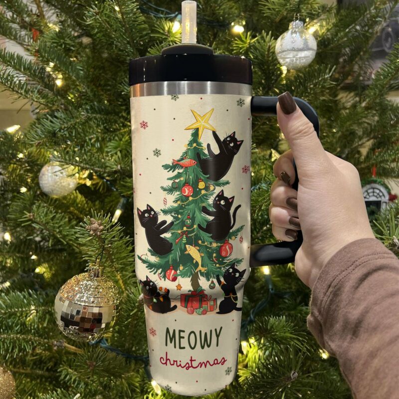 Black Cat Meowy Christmas Custom Stanley Quencher 40oz Stainless Steel Tumbler With Handle - Threewoofs - Image 3