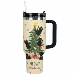 Black Cat Meowy Christmas Custom Stanley Quencher 40oz Stainless Steel Tumbler With Handle - Threewoofs