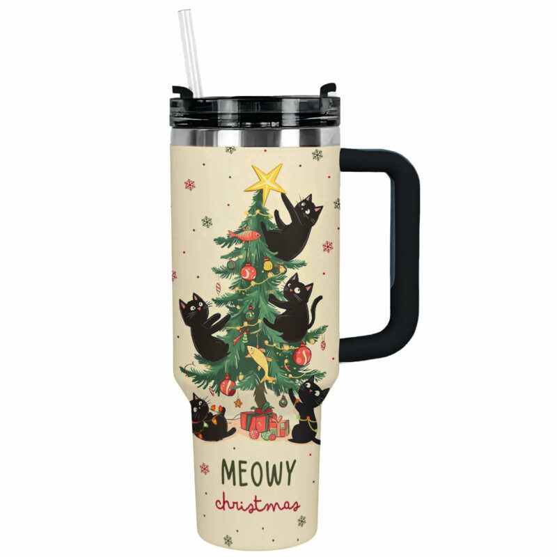 Black Cat Meowy Christmas Custom Stanley Quencher 40oz Stainless Steel Tumbler With Handle - Threewoofs