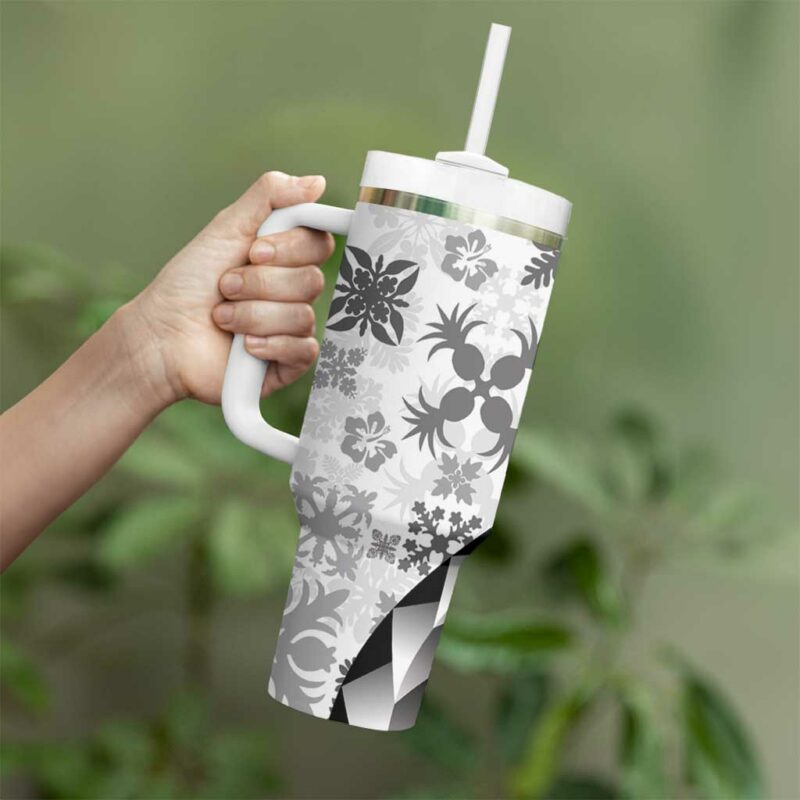 Black Hawaiian Quilt Pattern Custom Stanley Quencher 40oz Stainless Steel Tumbler With Handle - Threewoofs - Image 3
