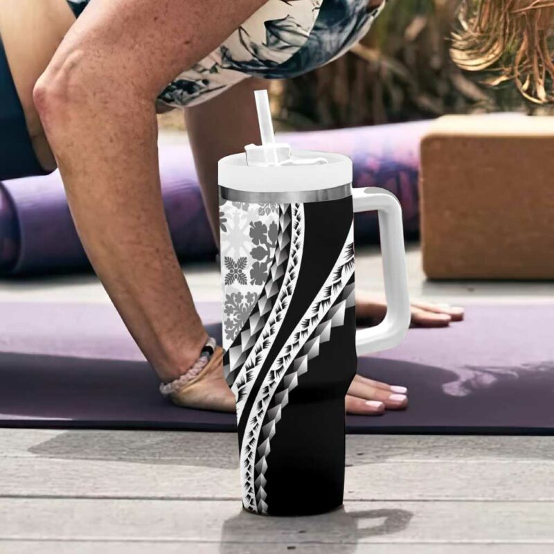 Black Hawaiian Quilt Pattern Custom Stanley Quencher 40oz Stainless Steel Tumbler With Handle - Threewoofs - Image 6