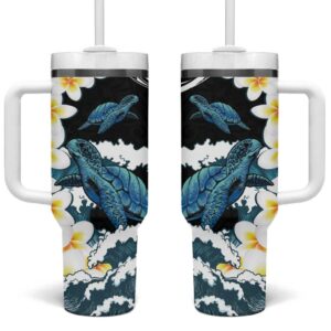 Black Polynesia Polynesian Frangipani With Sea Turtles Custom Stanley Quencher 40oz Stainless Steel Tumbler With Handle - Threewoofs
