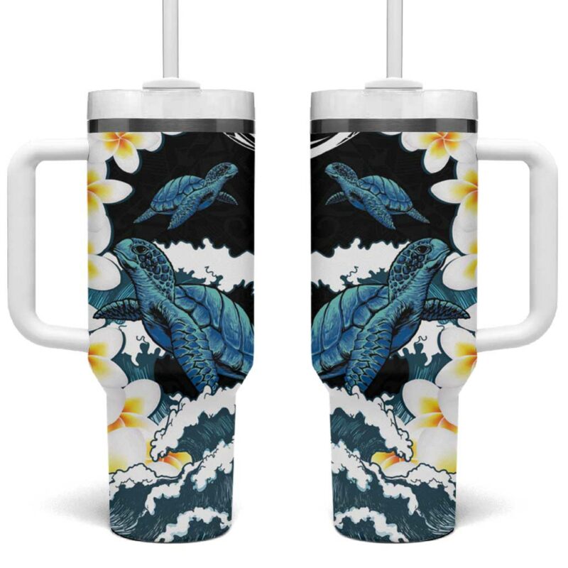 Black Polynesia Polynesian Frangipani With Sea Turtles Custom Stanley Quencher 40oz Stainless Steel Tumbler With Handle - Threewoofs