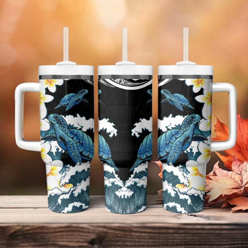 Black Polynesia Polynesian Frangipani With Sea Turtles Custom Stanley Quencher 40oz Stainless Steel Tumbler With Handle - Threewoofs - Image 4
