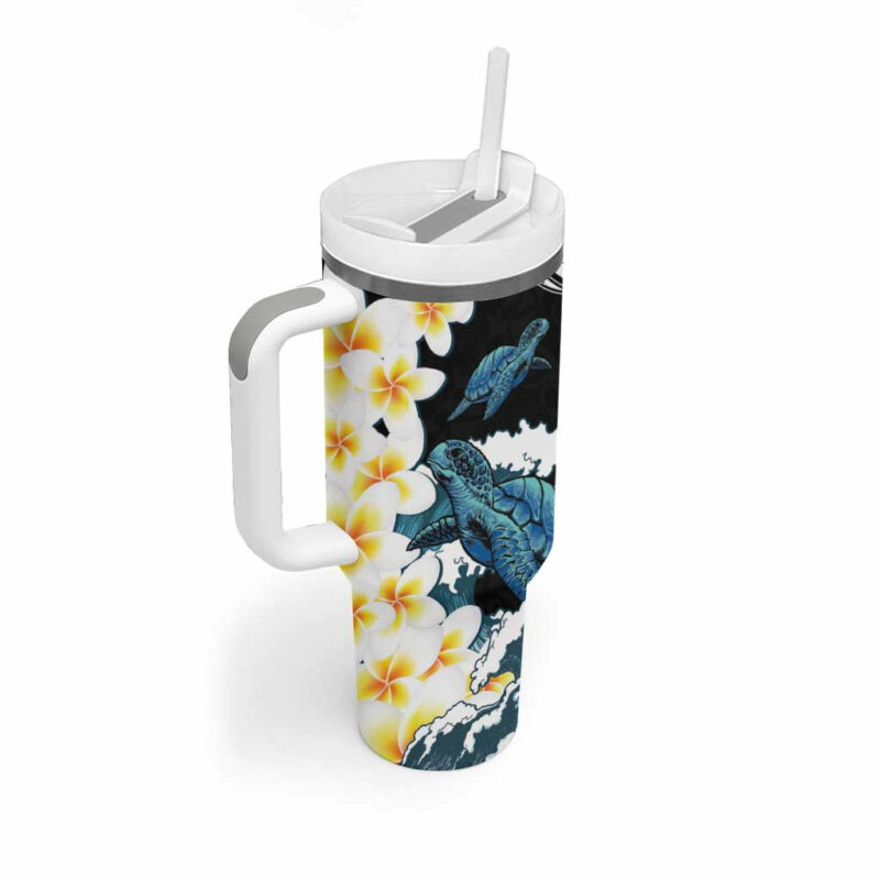 Black Polynesia Polynesian Frangipani With Sea Turtles Custom Stanley Quencher 40oz Stainless Steel Tumbler With Handle - Threewoofs - Image 2