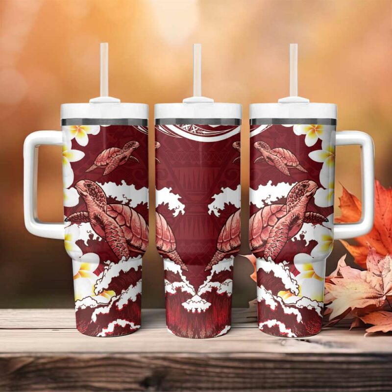Blood Gold Polynesia Polynesian Frangipani With Sea Turtles Custom Stanley Quencher 40oz Stainless Steel Tumbler With Handle - Threewoofs - Image 4