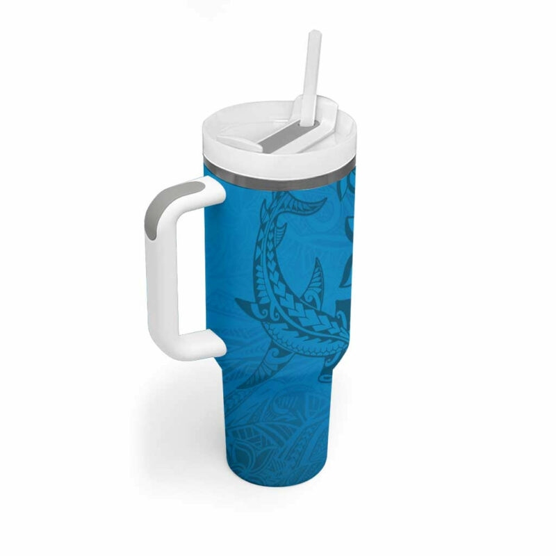 Blue Gradient Polynesia Hawaiian Tribal Hammerhead Shark Tattoo Custom Stanley Quencher 40oz Stainless Steel Tumbler With Handle - Threewoofs - Image 2