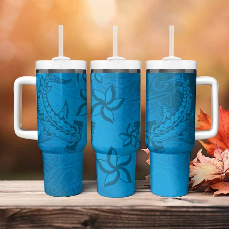 Blue Gradient Polynesia Hawaiian Tribal Hammerhead Shark Tattoo Custom Stanley Quencher 40oz Stainless Steel Tumbler With Handle - Threewoofs - Image 4