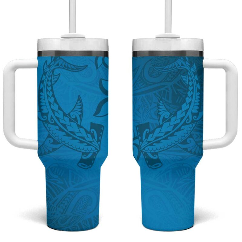 Blue Gradient Polynesia Hawaiian Tribal Hammerhead Shark Tattoo Custom Stanley Quencher 40oz Stainless Steel Tumbler With Handle - Threewoofs