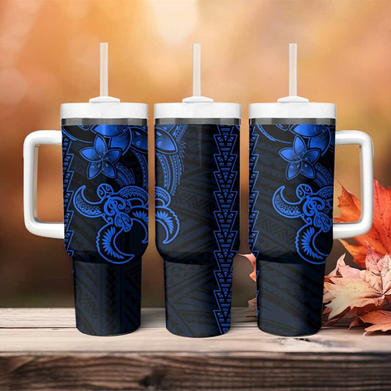 Blue Hawaiian Kakau Turtle Polynesian Tribal Custom Stanley Quencher 40oz Stainless Steel Tumbler With Handle - Threewoofs - Image 4