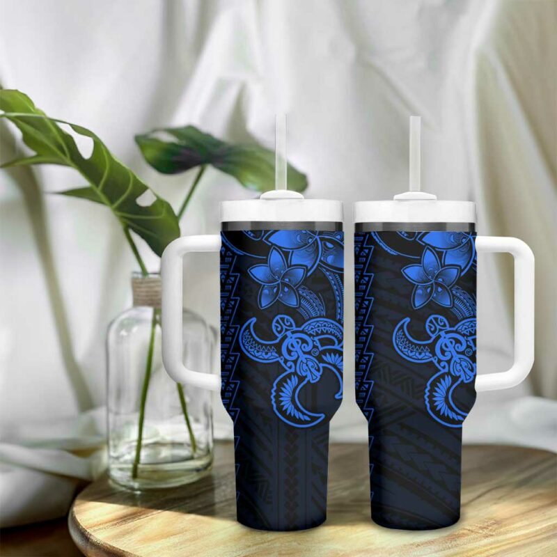 Blue Hawaiian Kakau Turtle Polynesian Tribal Custom Stanley Quencher 40oz Stainless Steel Tumbler With Handle - Threewoofs - Image 9