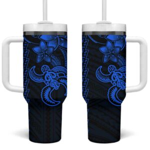 Blue Hawaiian Kakau Turtle Polynesian Tribal Custom Stanley Quencher 40oz Stainless Steel Tumbler With Handle - Threewoofs
