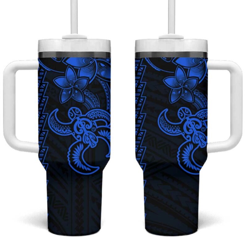 Blue Hawaiian Kakau Turtle Polynesian Tribal Custom Stanley Quencher 40oz Stainless Steel Tumbler With Handle - Threewoofs