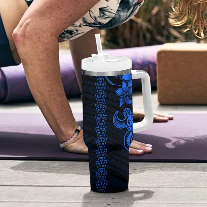 Blue Hawaiian Kakau Turtle Polynesian Tribal Custom Stanley Quencher 40oz Stainless Steel Tumbler With Handle - Threewoofs - Image 6