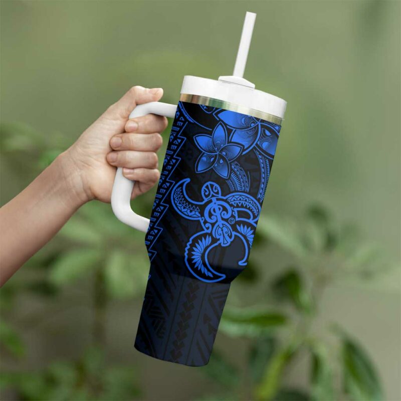Blue Hawaiian Kakau Turtle Polynesian Tribal Custom Stanley Quencher 40oz Stainless Steel Tumbler With Handle - Threewoofs - Image 3