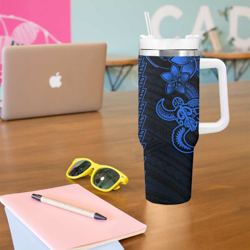 Blue Hawaiian Kakau Turtle Polynesian Tribal Custom Stanley Quencher 40oz Stainless Steel Tumbler With Handle - Threewoofs - Image 5