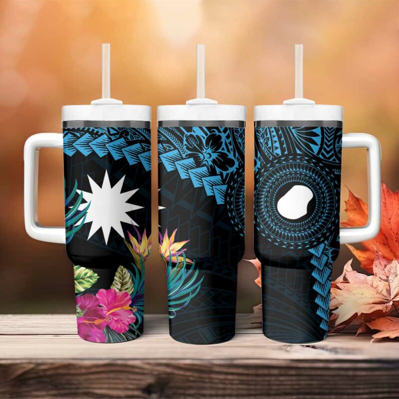 Blue Nauru Naoero Map With Polynesian Tropical Flowers Custom Stanley Quencher 40oz Stainless Steel Tumbler With Handle - Threewoofs - Image 4