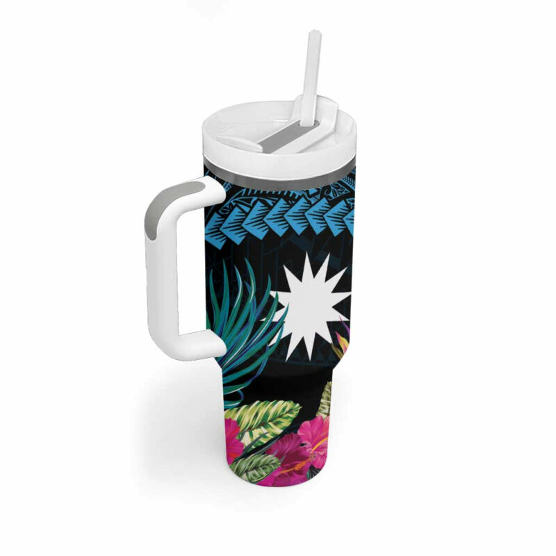 Blue Nauru Naoero Map With Polynesian Tropical Flowers Custom Stanley Quencher 40oz Stainless Steel Tumbler With Handle - Threewoofs - Image 2