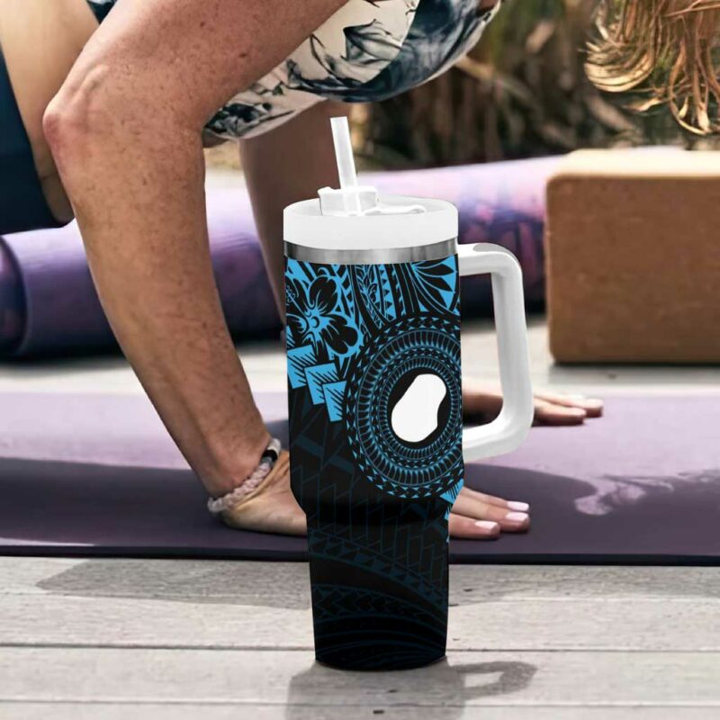 Blue Nauru Naoero Map With Polynesian Tropical Flowers Custom Stanley Quencher 40oz Stainless Steel Tumbler With Handle - Threewoofs - Image 6