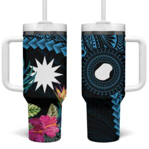 Blue Nauru Naoero Map With Polynesian Tropical Flowers Custom Stanley Quencher 40oz Stainless Steel Tumbler With Handle - Threewoofs
