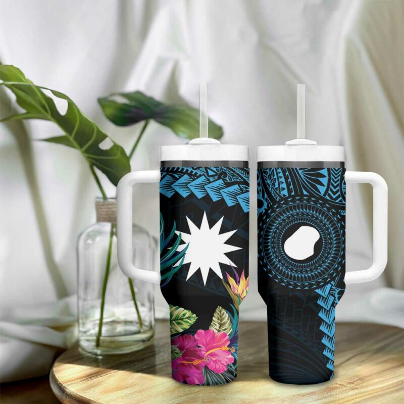Blue Nauru Naoero Map With Polynesian Tropical Flowers Custom Stanley Quencher 40oz Stainless Steel Tumbler With Handle - Threewoofs - Image 9