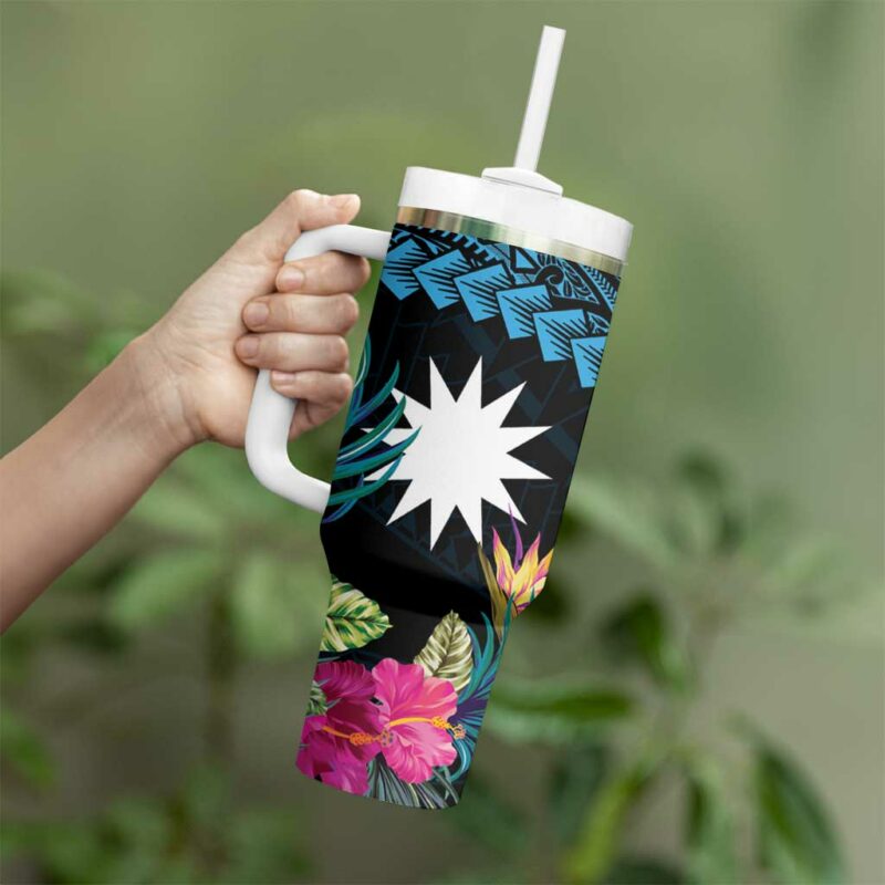 Blue Nauru Naoero Map With Polynesian Tropical Flowers Custom Stanley Quencher 40oz Stainless Steel Tumbler With Handle - Threewoofs - Image 3