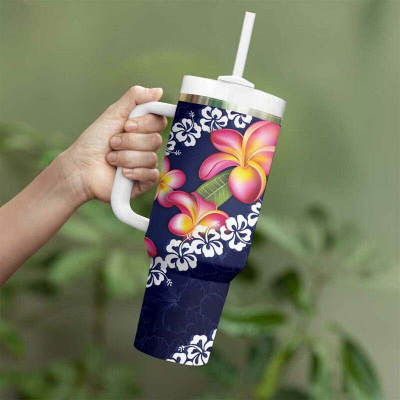 Blue Polynesia Plumeria With Hibiscus Tropical Custom Stanley Quencher 40oz Stainless Steel Tumbler With Handle - Threewoofs - Image 3