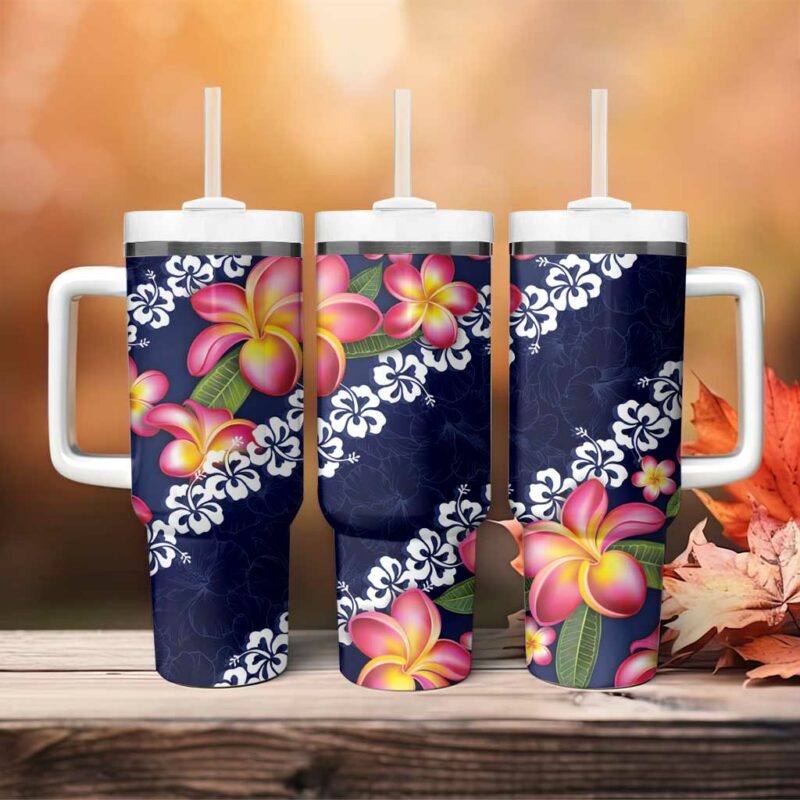 Blue Polynesia Plumeria With Hibiscus Tropical Custom Stanley Quencher 40oz Stainless Steel Tumbler With Handle - Threewoofs - Image 4