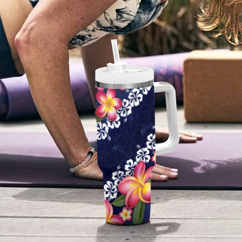 Blue Polynesia Plumeria With Hibiscus Tropical Custom Stanley Quencher 40oz Stainless Steel Tumbler With Handle - Threewoofs - Image 6
