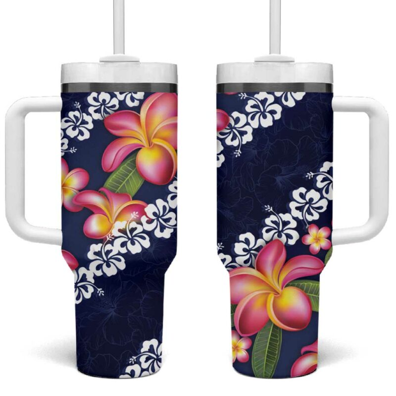 Blue Polynesia Plumeria With Hibiscus Tropical Custom Stanley Quencher 40oz Stainless Steel Tumbler With Handle - Threewoofs