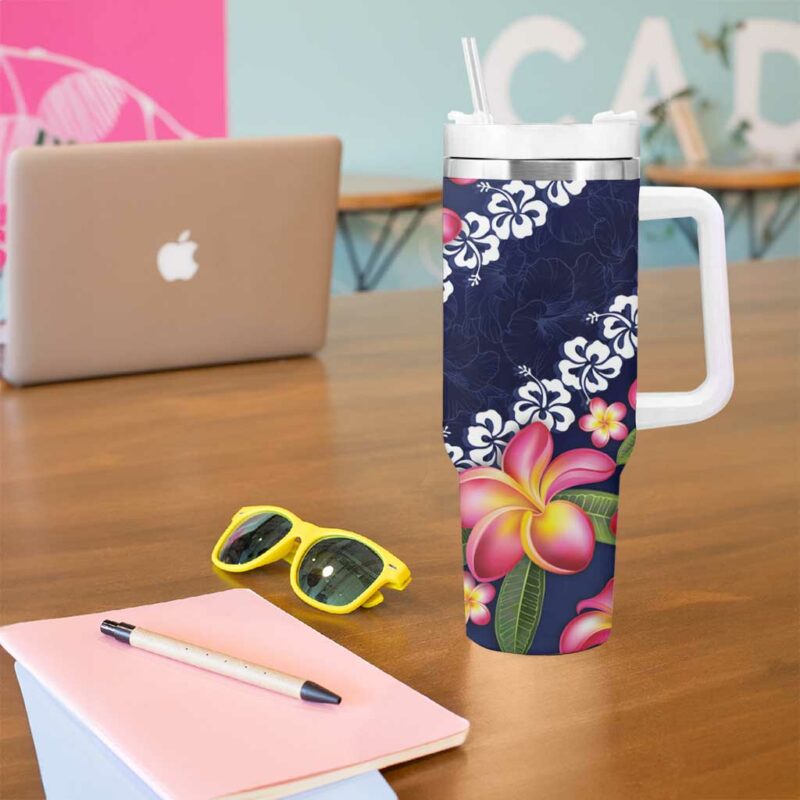 Blue Polynesia Plumeria With Hibiscus Tropical Custom Stanley Quencher 40oz Stainless Steel Tumbler With Handle - Threewoofs - Image 5