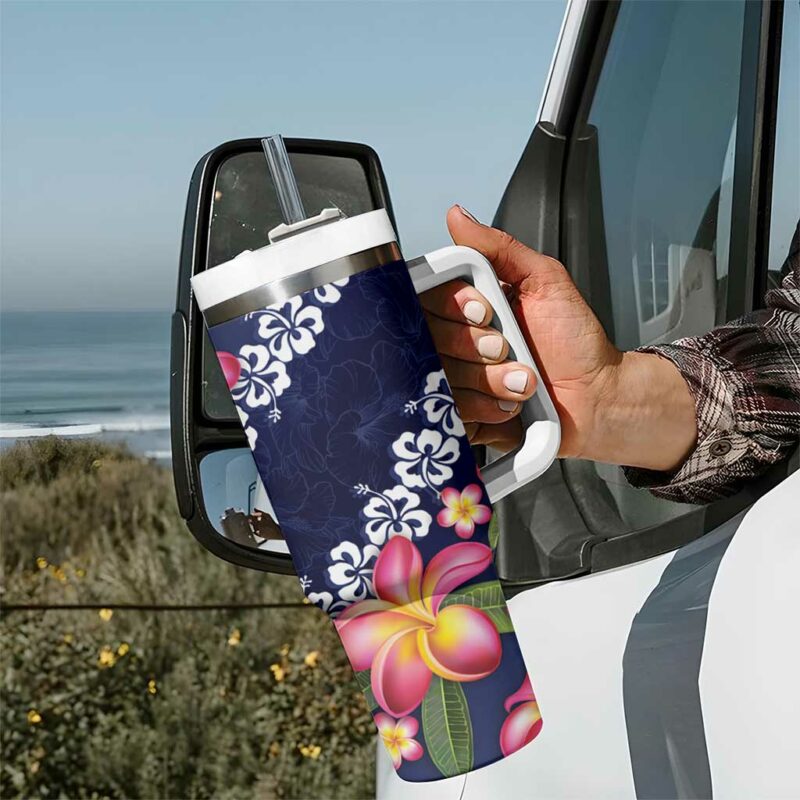 Blue Polynesia Plumeria With Hibiscus Tropical Custom Stanley Quencher 40oz Stainless Steel Tumbler With Handle - Threewoofs - Image 7