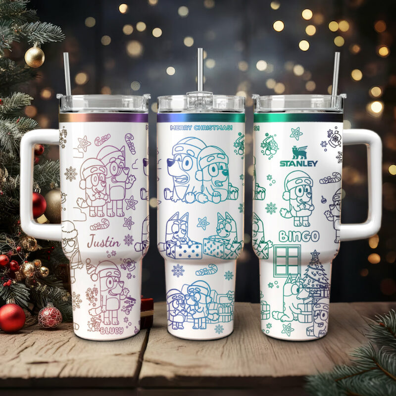 Bluey And Bingo Cartoon Custom Stanley Quencher 40oz Stainless Steel Tumbler With Handle - Threewoofs