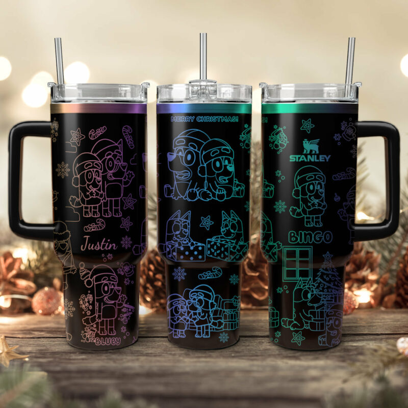 Bluey And Bingo Cartoon Custom Stanley Quencher 40oz Stainless Steel Tumbler With Handle - Threewoofs