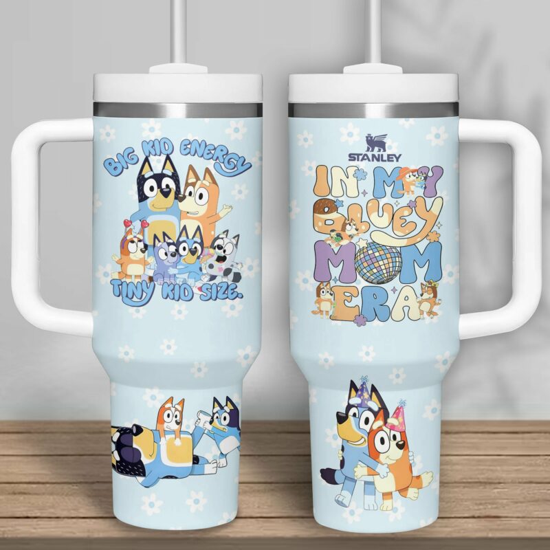 Bluey Cartoon Custom Stanley Quencher 40oz Stainless Steel Tumbler With Handle - Threewoofs