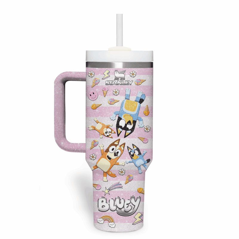 Bluey Cartoon Custom Stanley Quencher 40oz Stainless Steel Tumbler With Handle - Threewoofs - Image 2