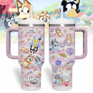 Bluey Cartoon Custom Stanley Quencher 40oz Stainless Steel Tumbler With Handle - Threewoofs